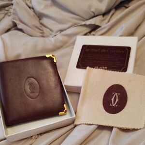 Cartier Dark Brown Leather Card Holder with Gold Corners